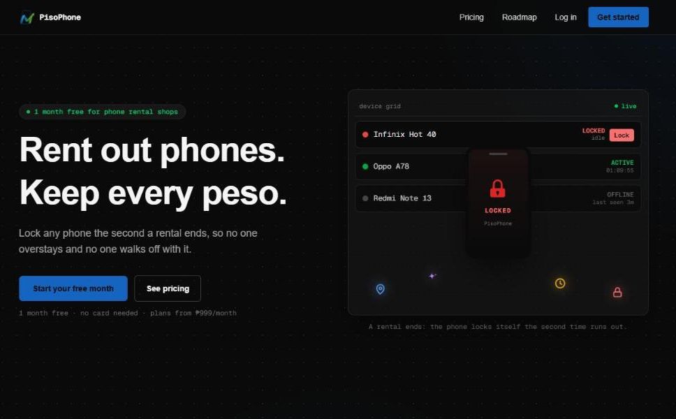 PisoPhone home page: "Rent out phones. Keep every peso." next to a live device grid