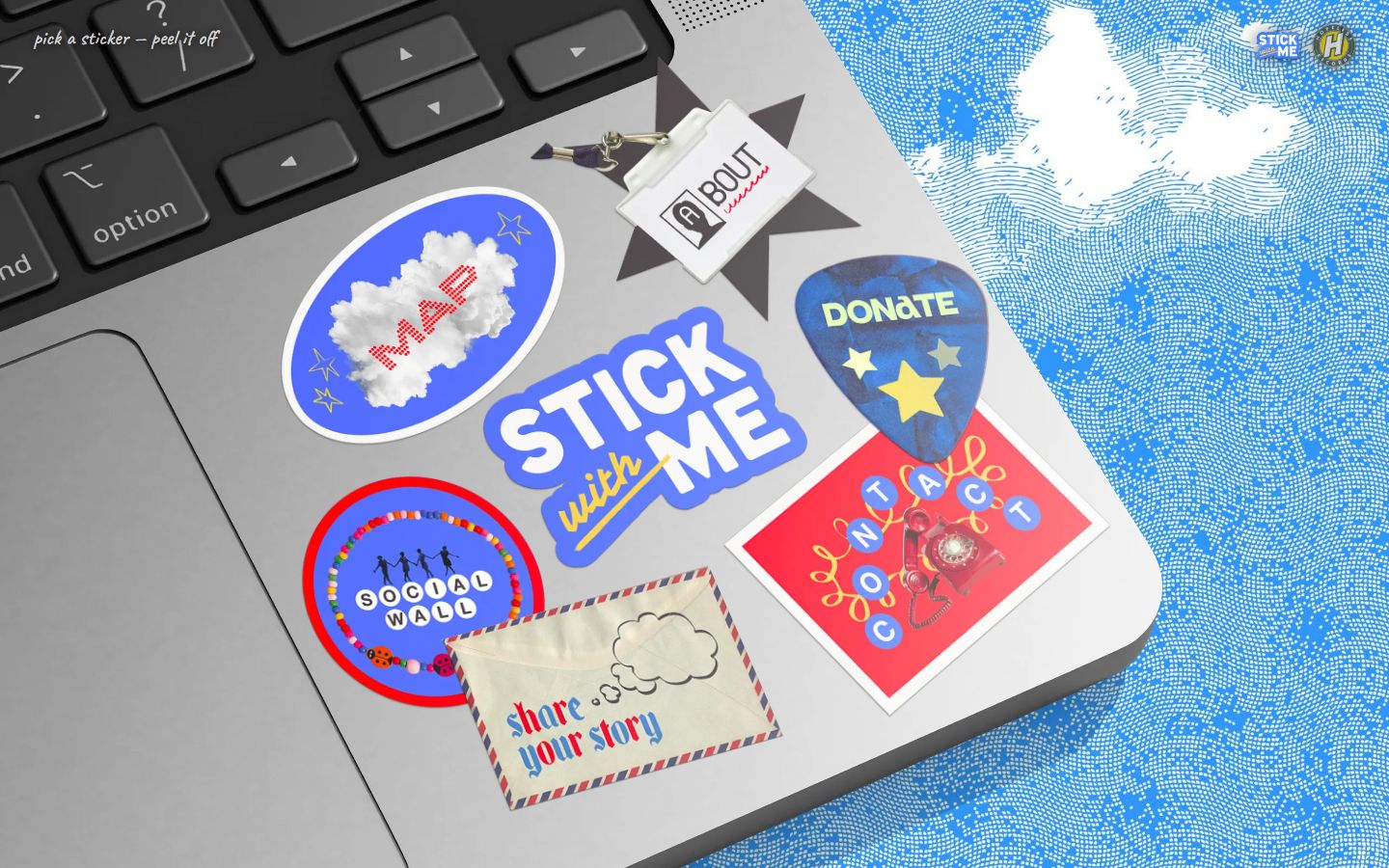 StickWithMe home page: a laptop lid covered in stickers that link to each section